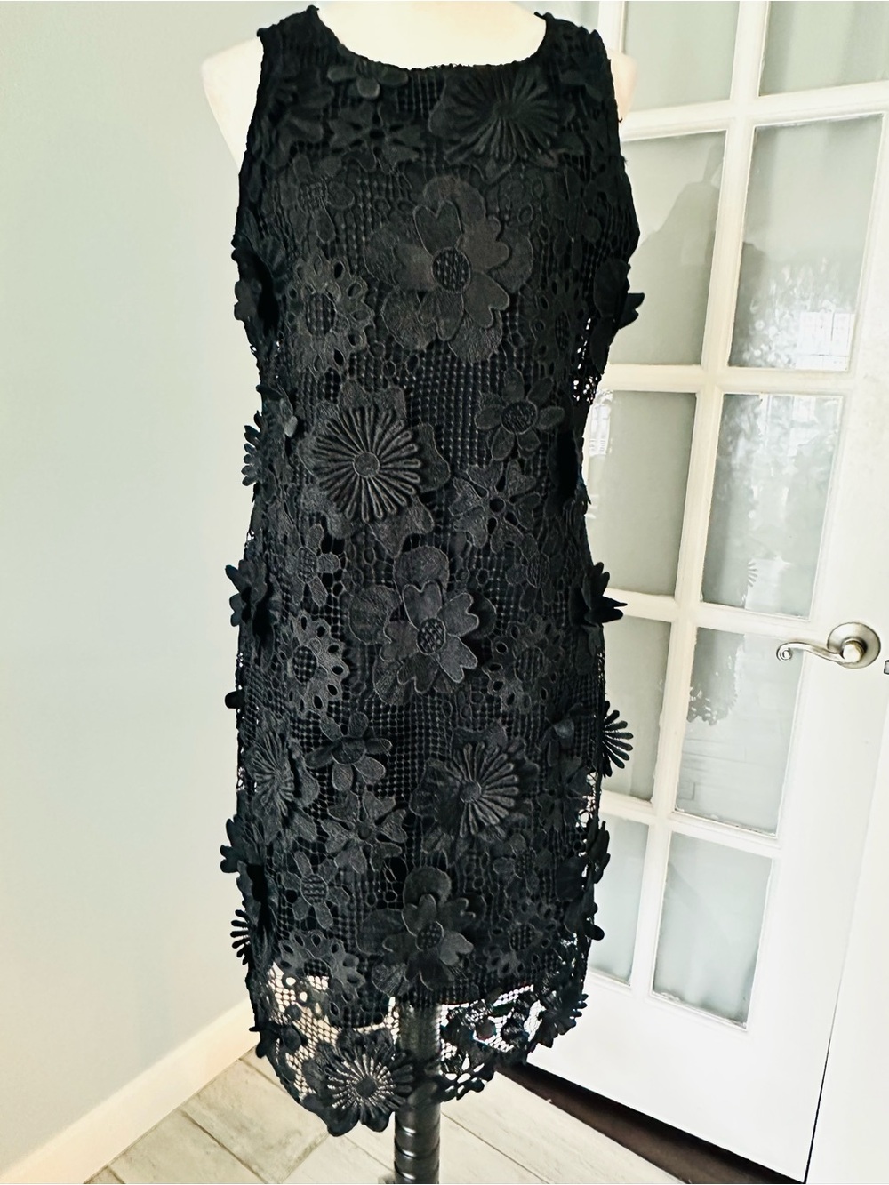 Nina Leonard Black 3D Floral Lace Midi Dress